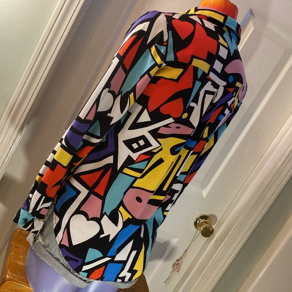 BIG DART Multicolored Pop Art Retro Button Down Long Sleeve Shirt - Picture 6 of 11